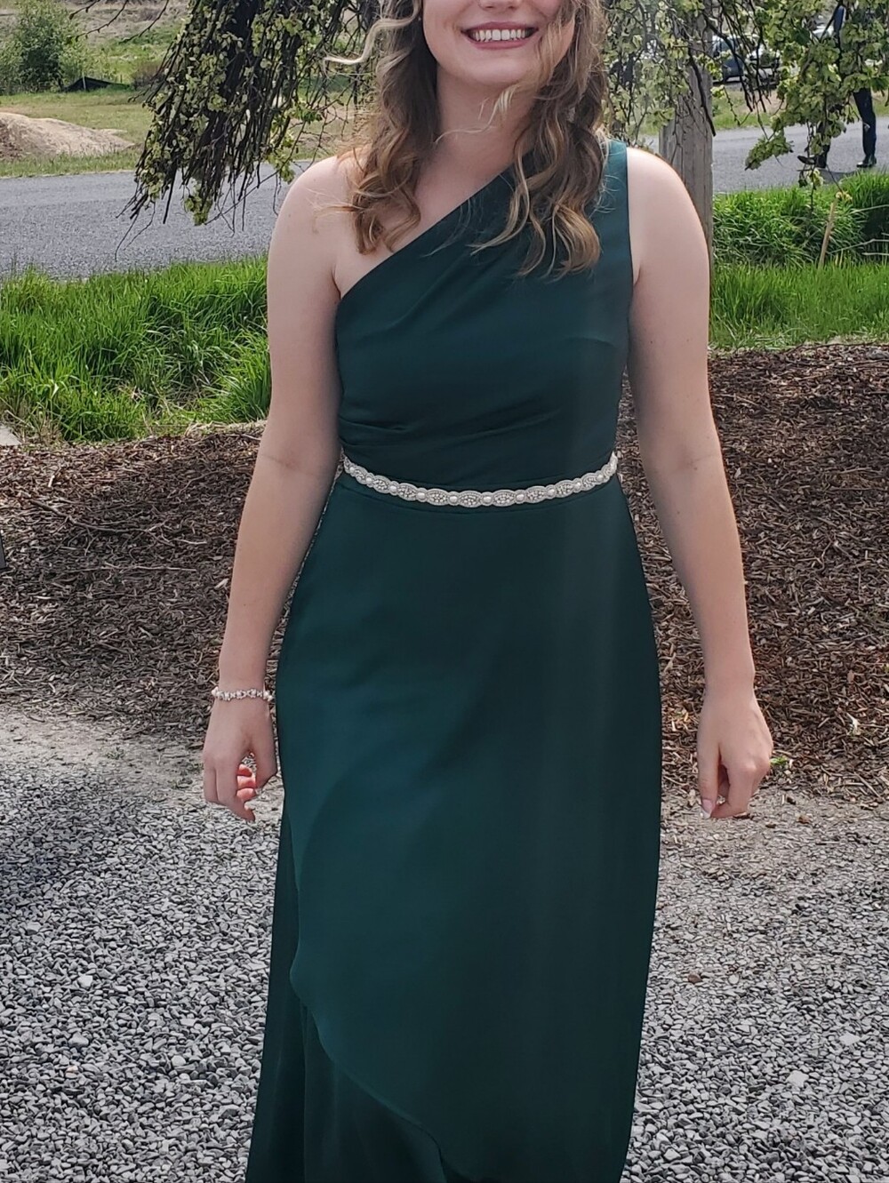 One-Shoulder Emerald Green Evening Dress (doesn't include beaded belt)